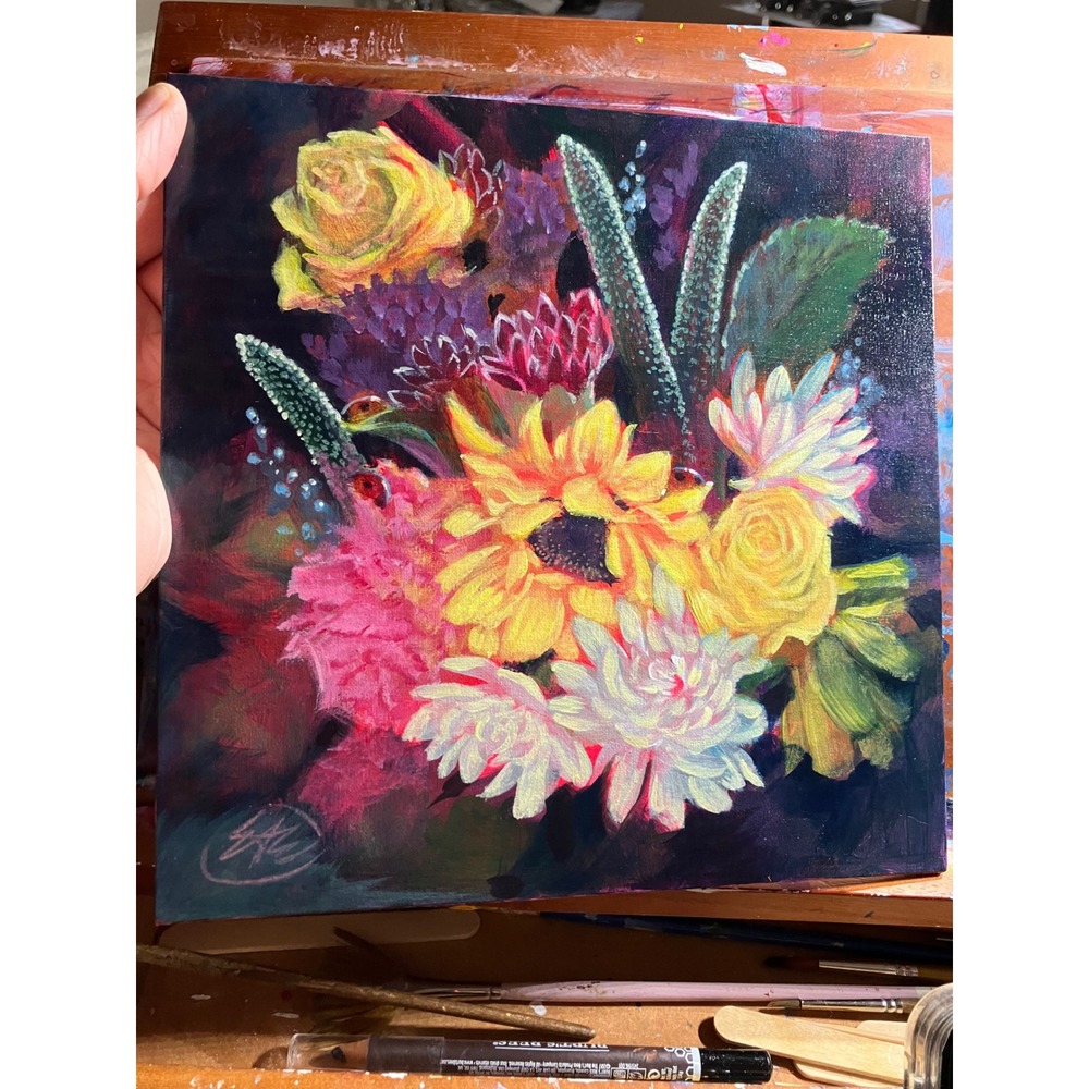 Artettina Original sunflower Painting floral Rose bouquet Art signed 2026 USA - Picture 4 of 8